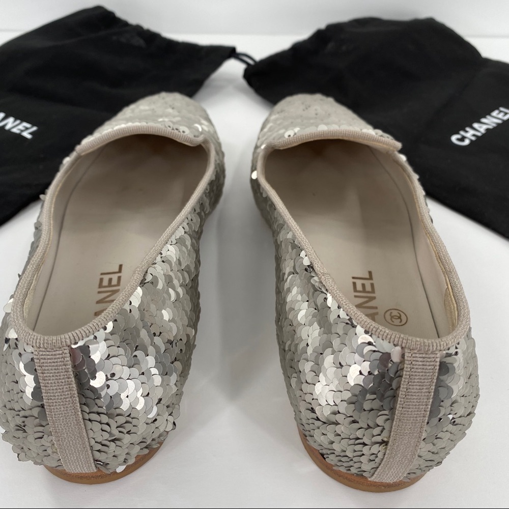CHANEL | Silver Sequin Loafers Slippers Flats - Picture 8 of 12